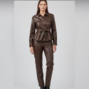 Steele jacket/blazer top faux leather front slit hem pants suit set brown sz XL